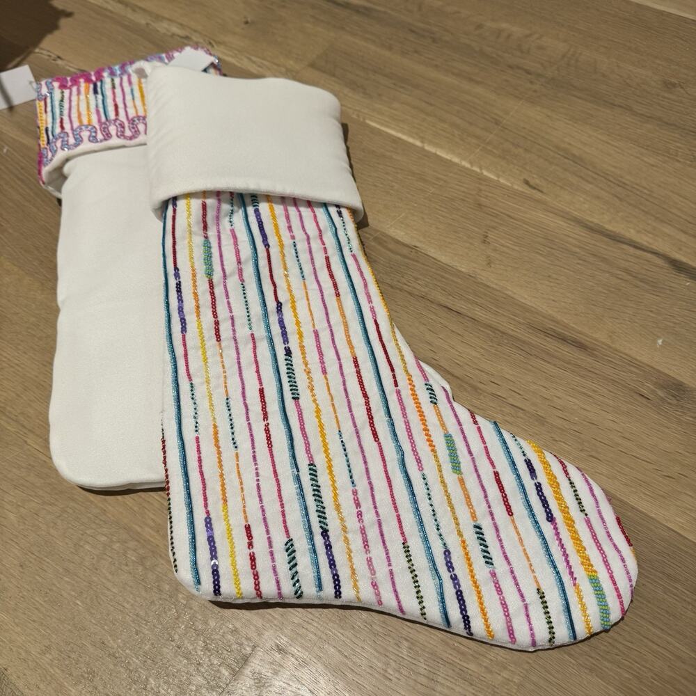 Neiman Marcus 19" Bright Holiday Candy Ribbon Stripe Beaded Christmas Stocking